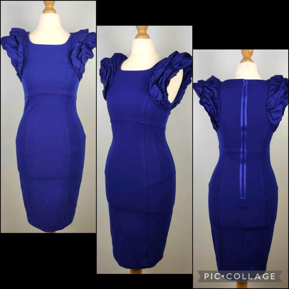 Ted Baker Blue Ruffle Cap Sleeve Pencil Bodycon Dress - Picture 3 of 9